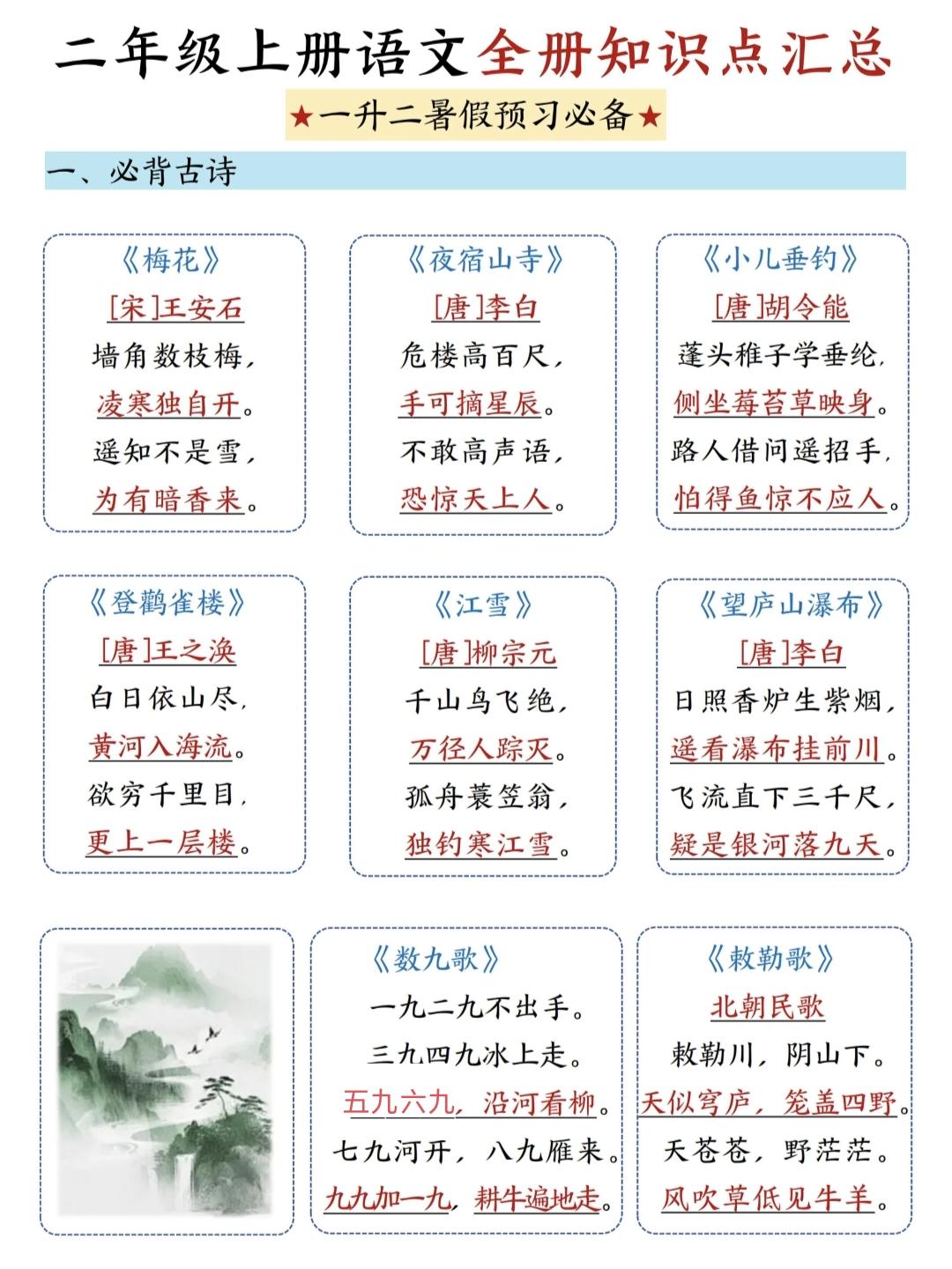二年级上册语文，全册古诗、日积月累、词语积累、词语搭配知识点梳理，收藏学习~