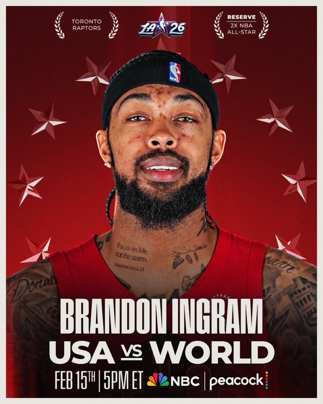 NBA总裁亚当·萧华宣布，多伦多猛龙队前锋布兰登·英格拉姆将代替受伤的金州勇士队