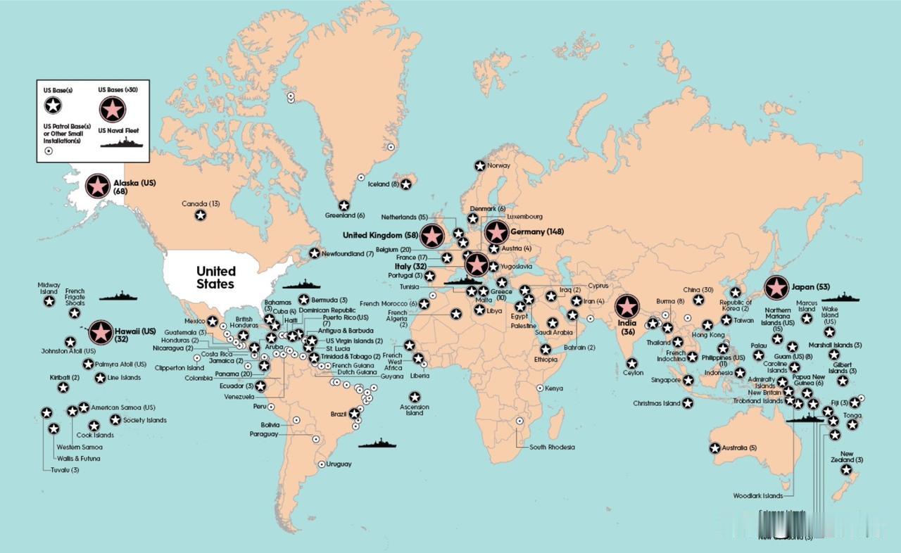 美国的军事版图，像一张环绕地球的阴影地图——800多个基地，从地中海到南中国海，