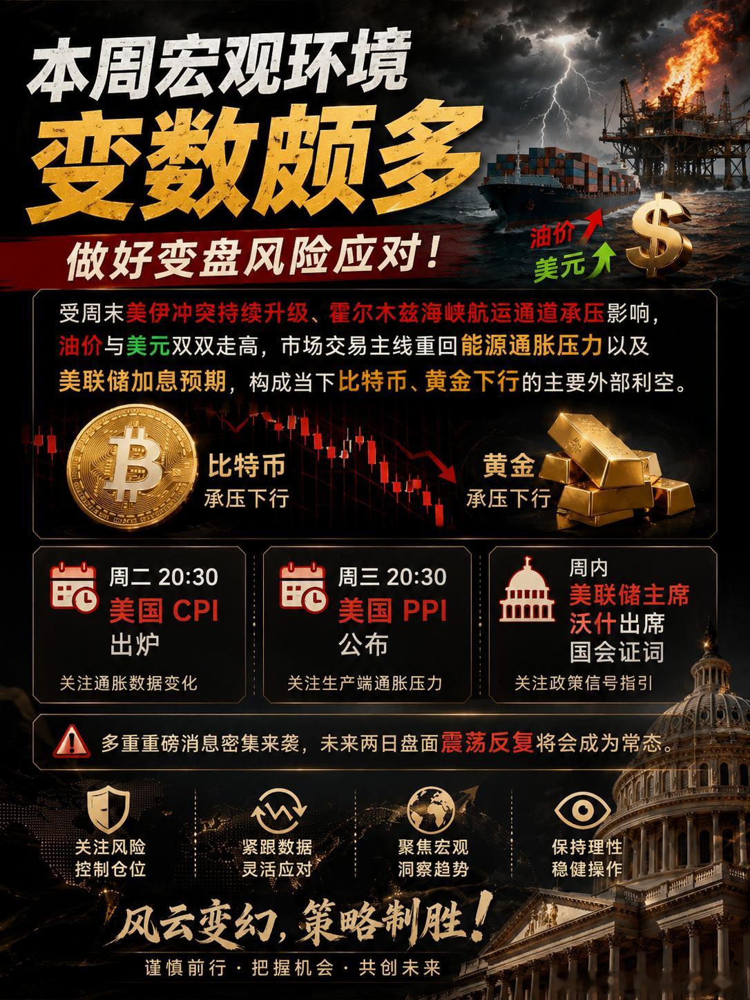 本周宏观环境变数颇多，做好变盘风险应对。受周末美伊冲突持续升级、霍尔木兹海峡航运