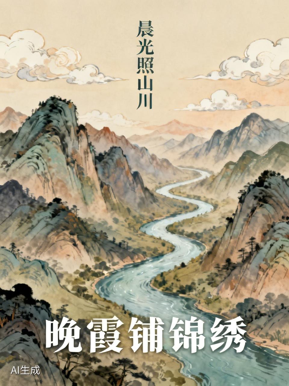 上联：晨光照山川，
下联：晚霞铺锦绣。