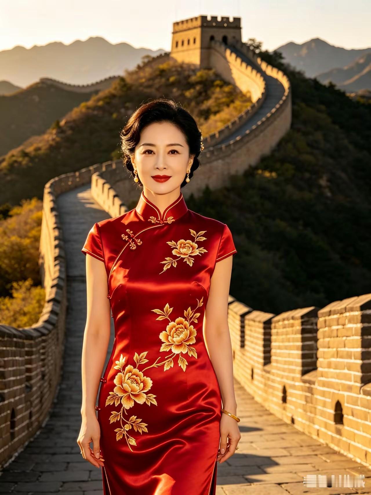 旗袍典雅，背景长城。
风光无限，光彩照人。
国风古韵 ，文化传承。
历史悠久，推