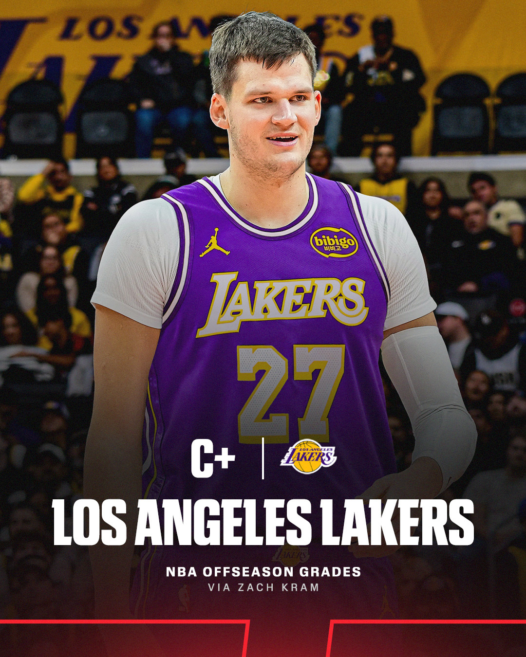 ESPN给湖人休赛期操作的评分：C+1.锋线实力联盟垫底2.替补中锋存在短板3.