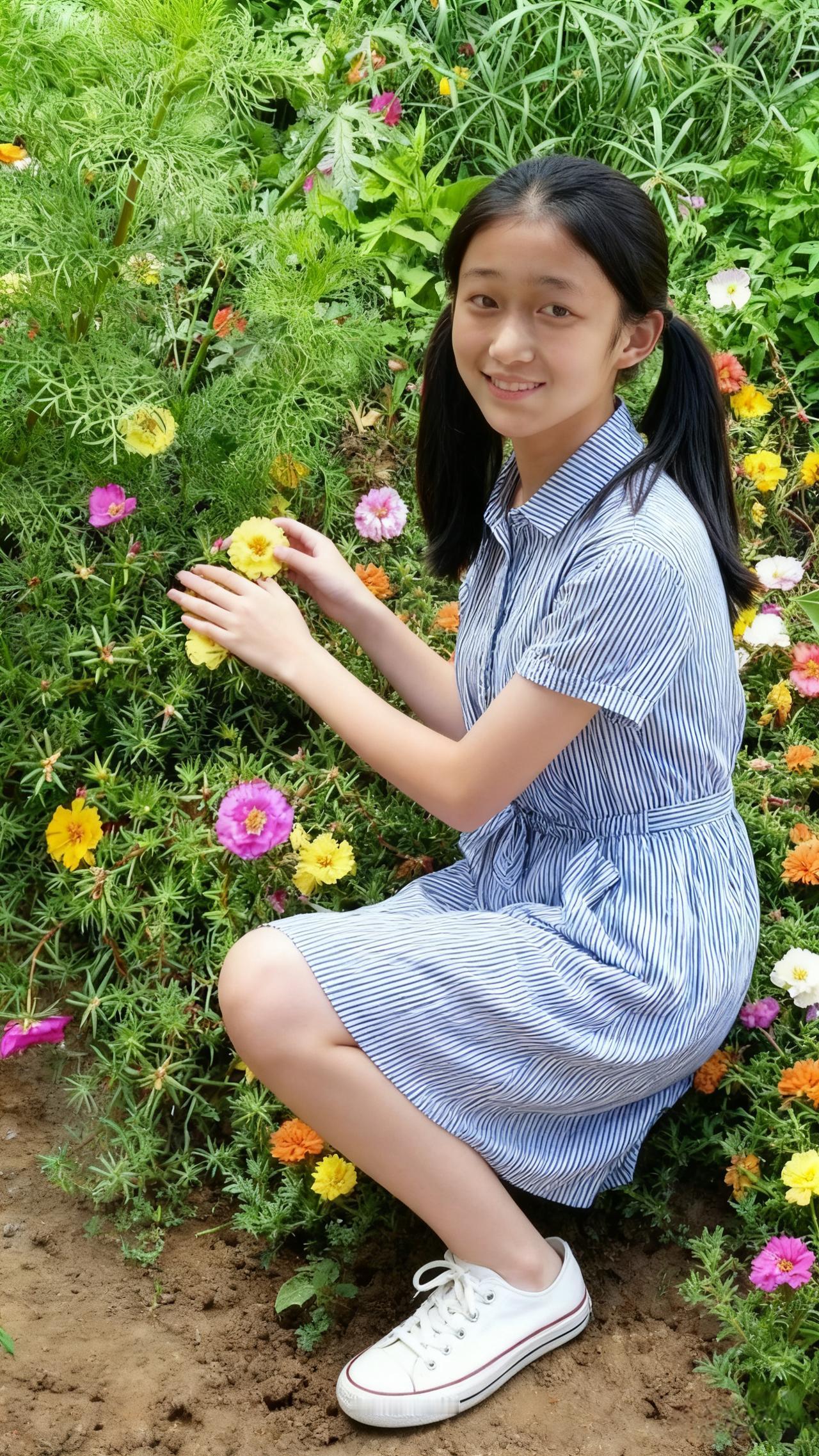 素裙染香雾，金英落鬓丝。
俯身怜细蕊，不语也成诗。