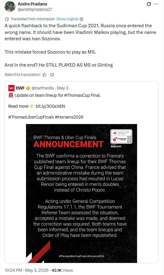法国队更正汤杯决赛名单，这事越闹越大了

这事还有球迷在硬刚BWF，翻出了202