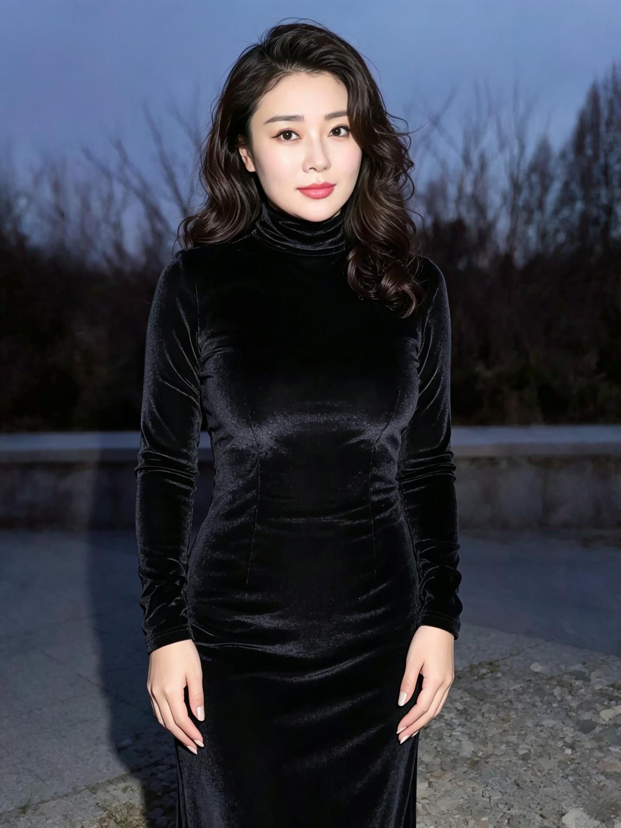 丝绒裁就晚衣轻，暮色含风鬓影横。
一树寒枝天似洗，嫣然一笑动乡城。