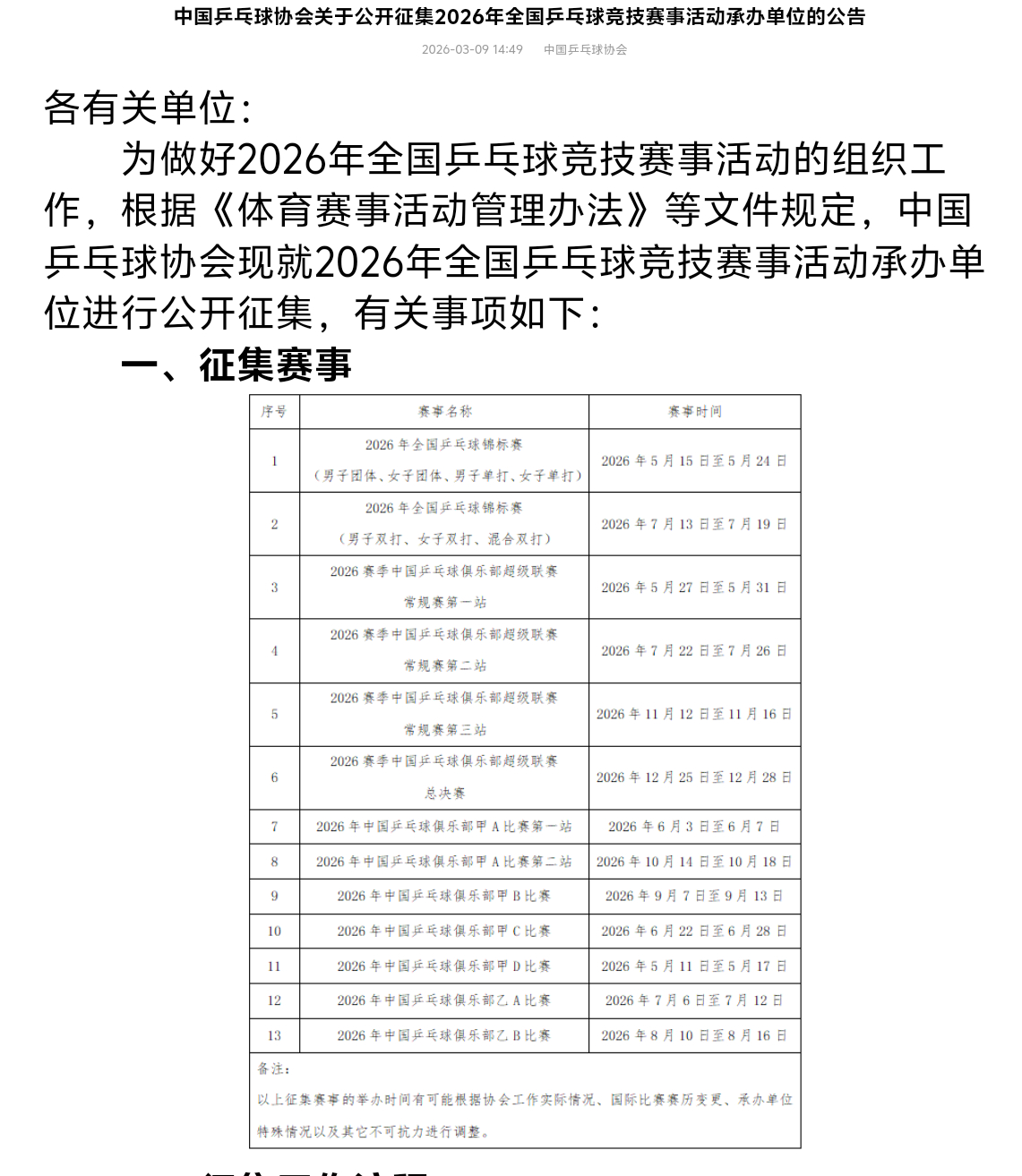 乒超全锦时间公布（地点待定） 