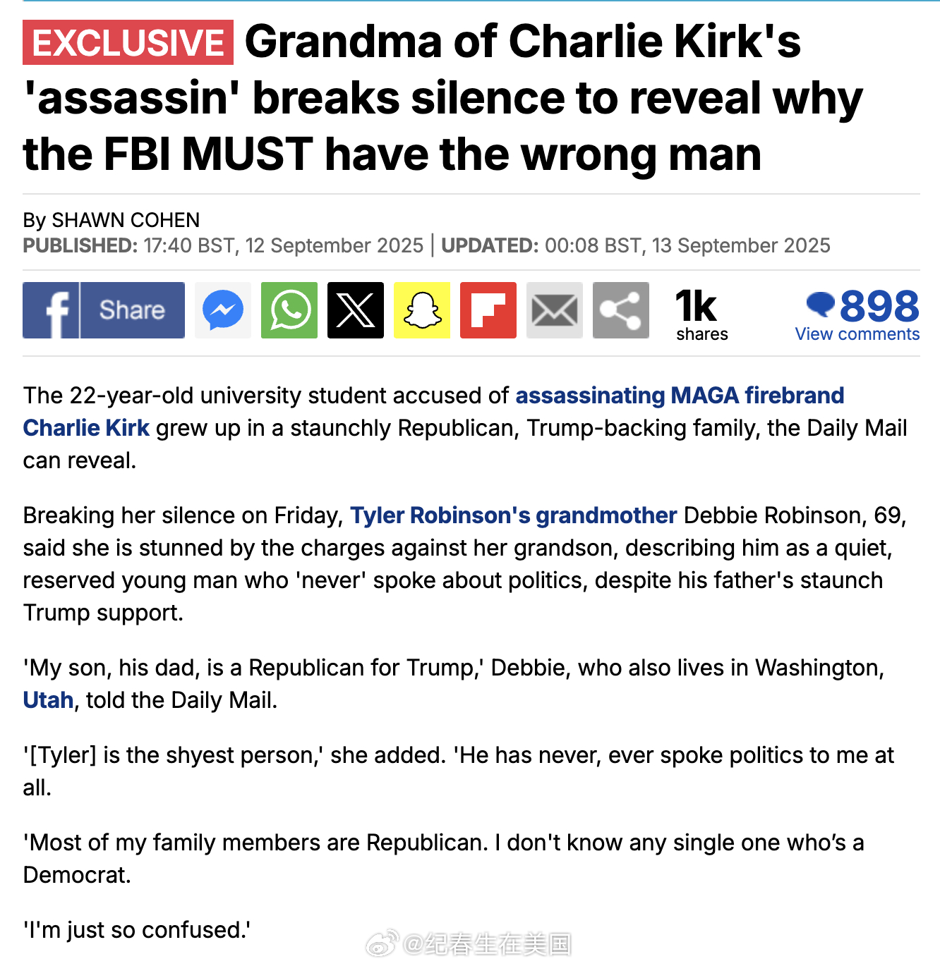 <Daily Mail>采访到枪手Tyler Robinson 69岁的奶奶，虽