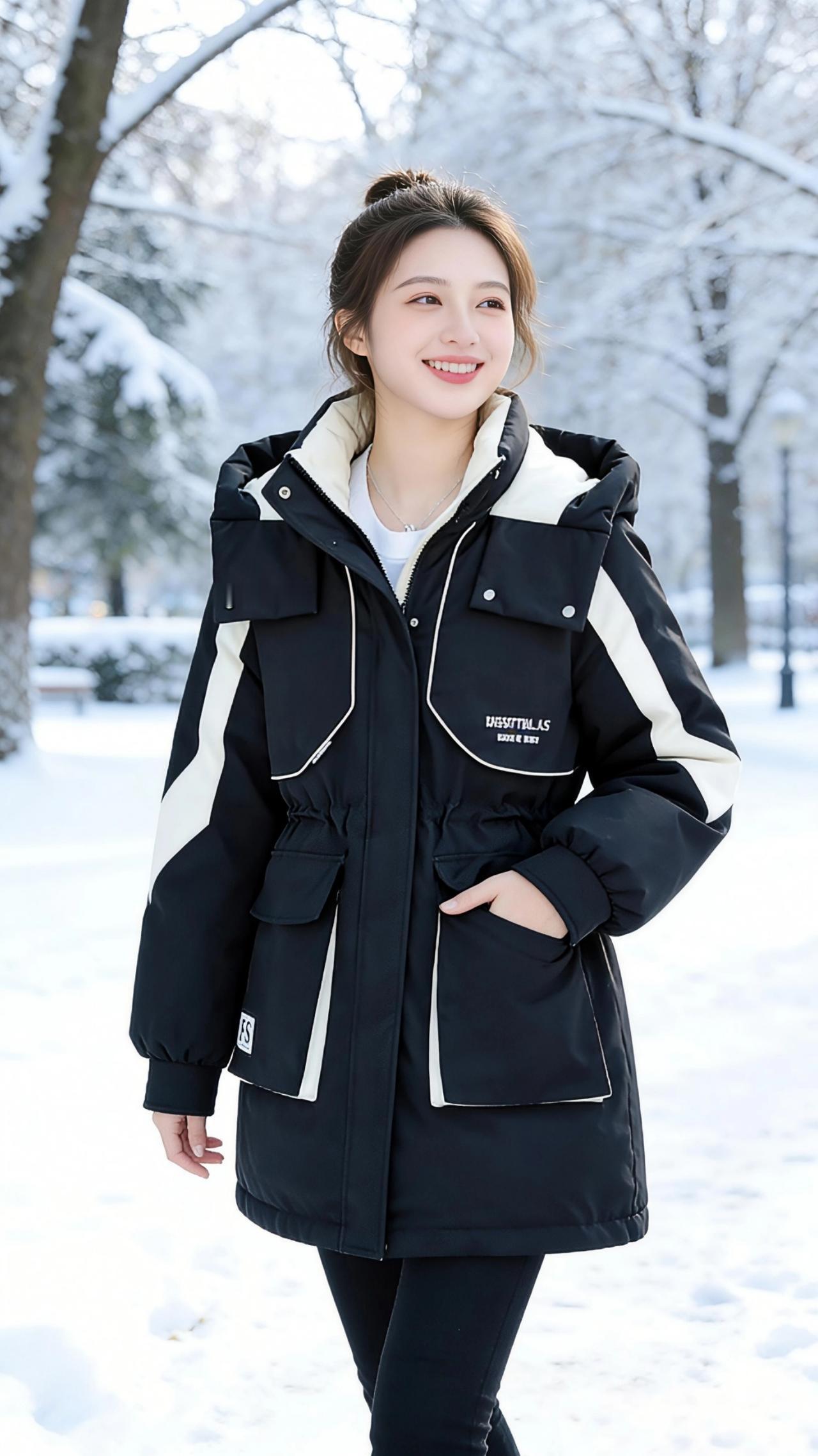 雪色里的黑白暖调
 
雪落满了枝桠，天地间只剩干净的白，我裹紧身上的黑白拼色派克