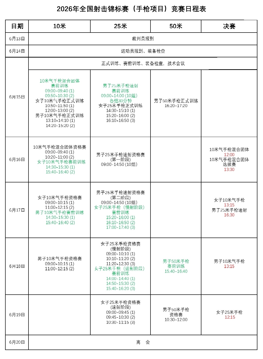 2026年全国射击锦标赛（手枪项目）竞赛日程 