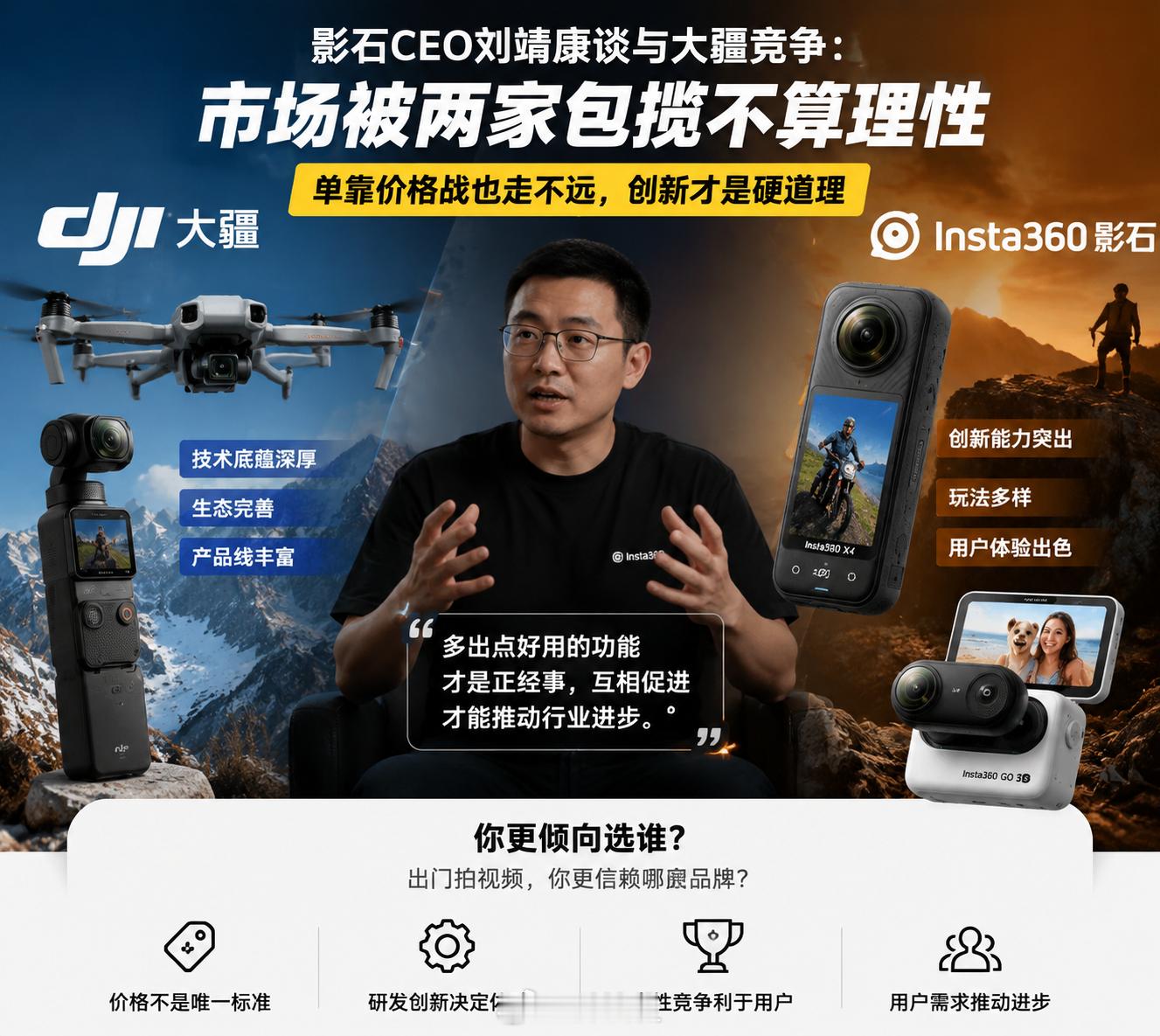 影石CEO刘靖康谈与大疆竞争影石CEO刘靖康直言市场被大疆和影石包揽不算理性，单