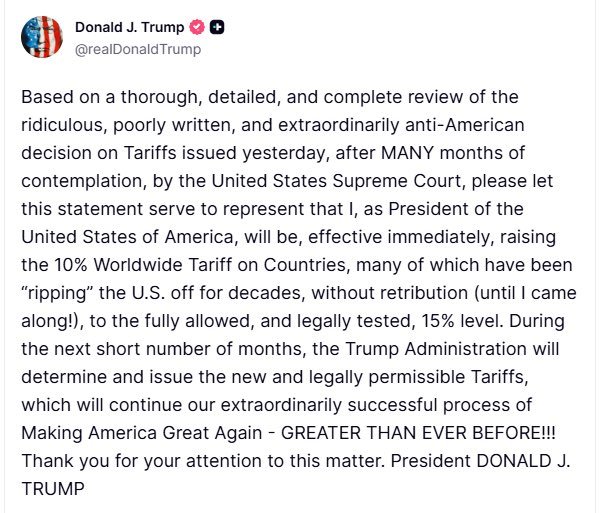 突发消息：特朗普总统将全球关税税率从 10% 提高到 15%。 