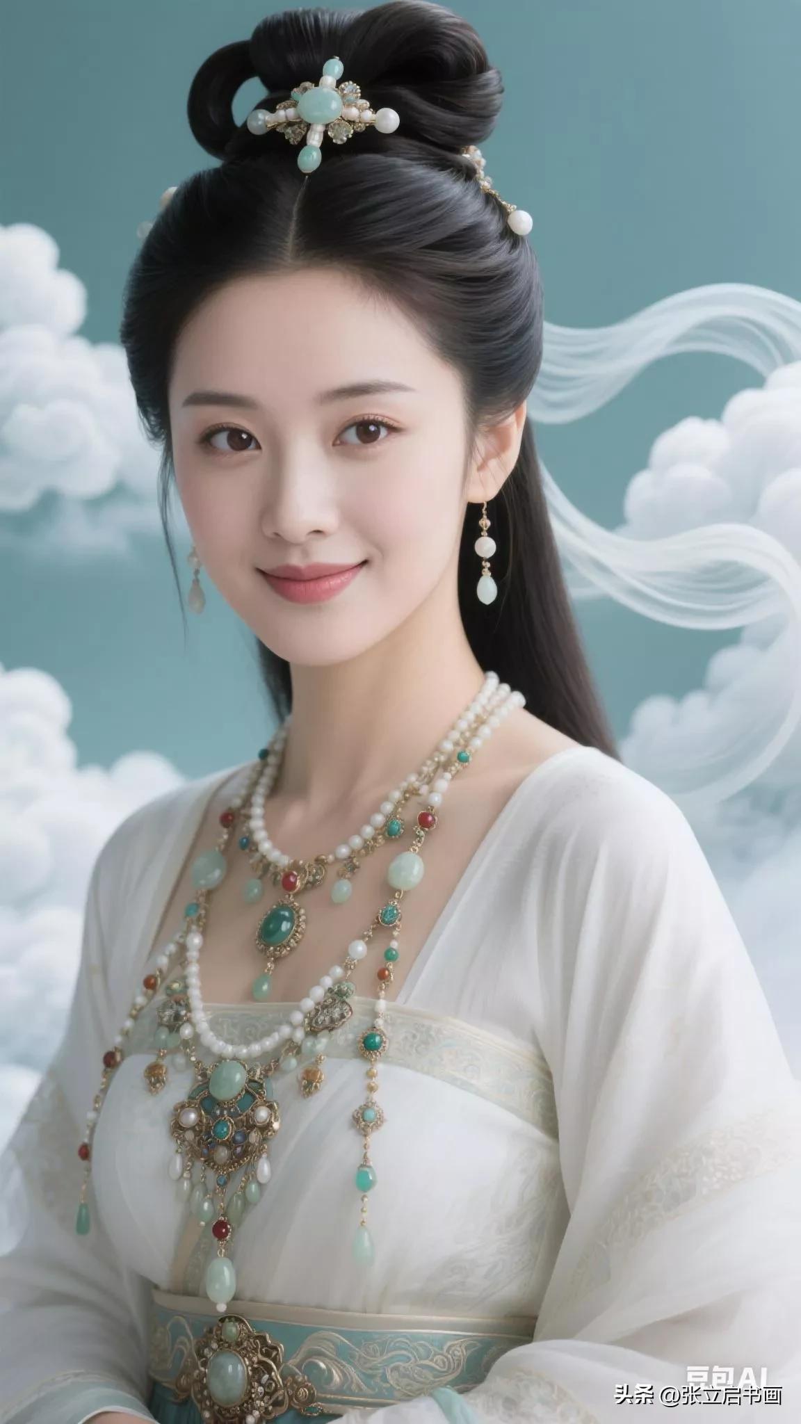 仙气飘飘的古典美人，珠光宝气的古装造型，宛如画中走出的仙女。张立启原创书画AI作