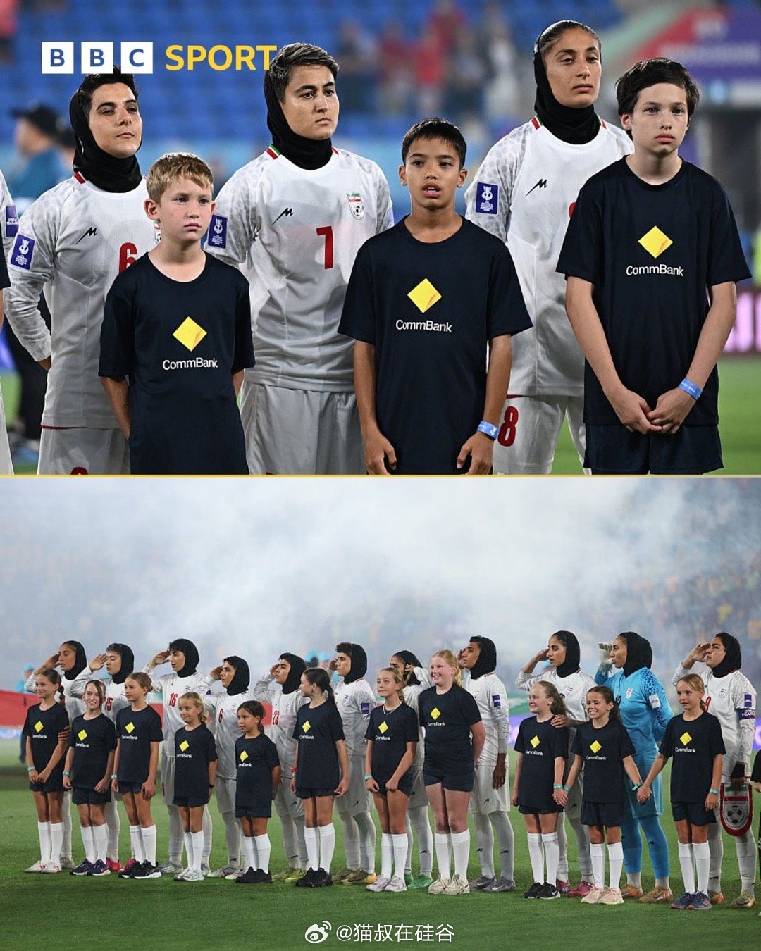 伊朗女子足球队在对阵澳大利亚的亚洲杯比赛前敬礼并演唱国歌，与周一首场比赛的沉默形