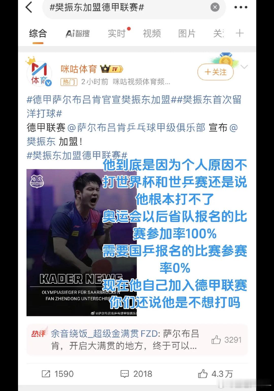 樊振东加盟德甲联赛 到底是不想打还是打不了。樊振东 ​​​