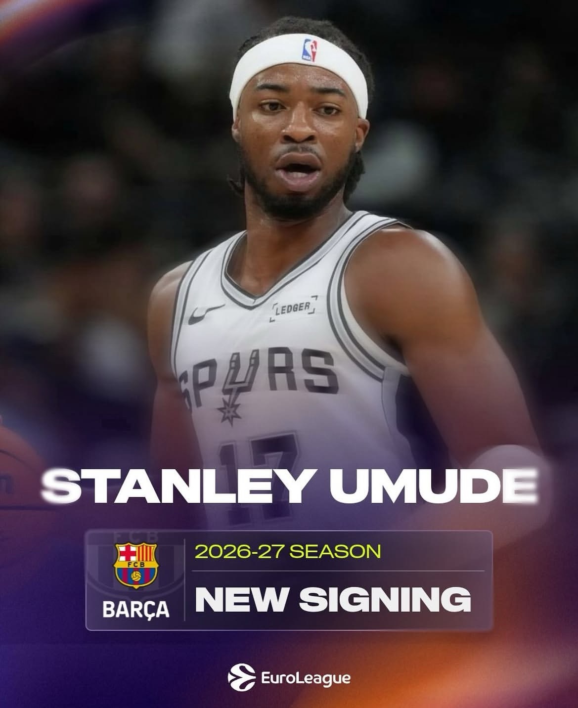 马刺旧将乌穆德签约巴塞罗那男篮🏀上赛季他为奥斯汀马刺出战42场，场均17分4.