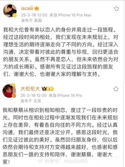 大伦蔡蔡分手：内娱“人造糖精”，短命如泡面

大伦蔡蔡以“未来规划分歧”为由宣告