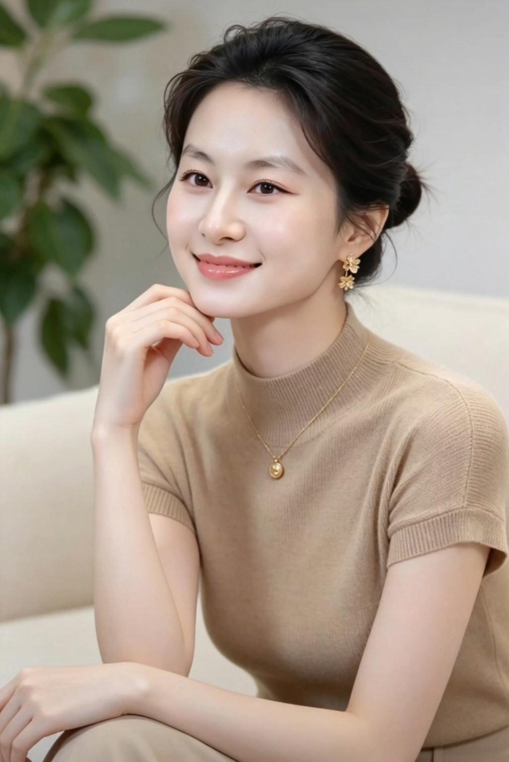 这位美女在沙发上微笑，真可爱。