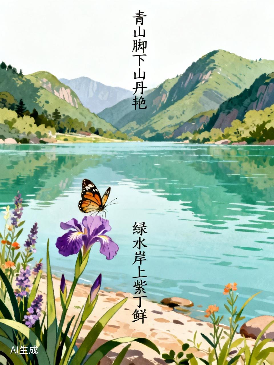 下联：绿水岸上紫丁鲜。