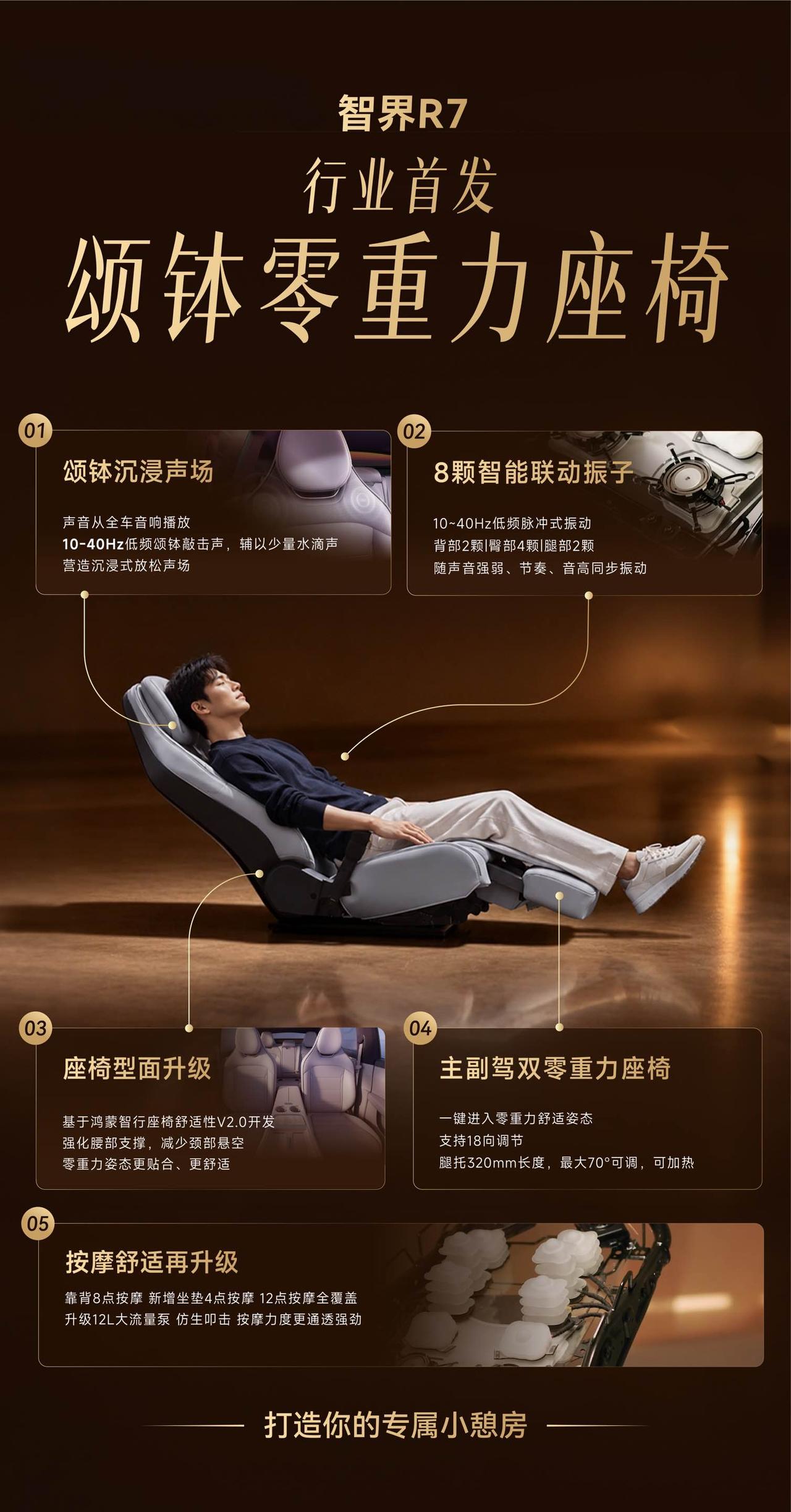 智界 R7 首发颂钵座椅，这个有点东西啊，感觉是个升级的零重力座椅，座椅按摩不仅