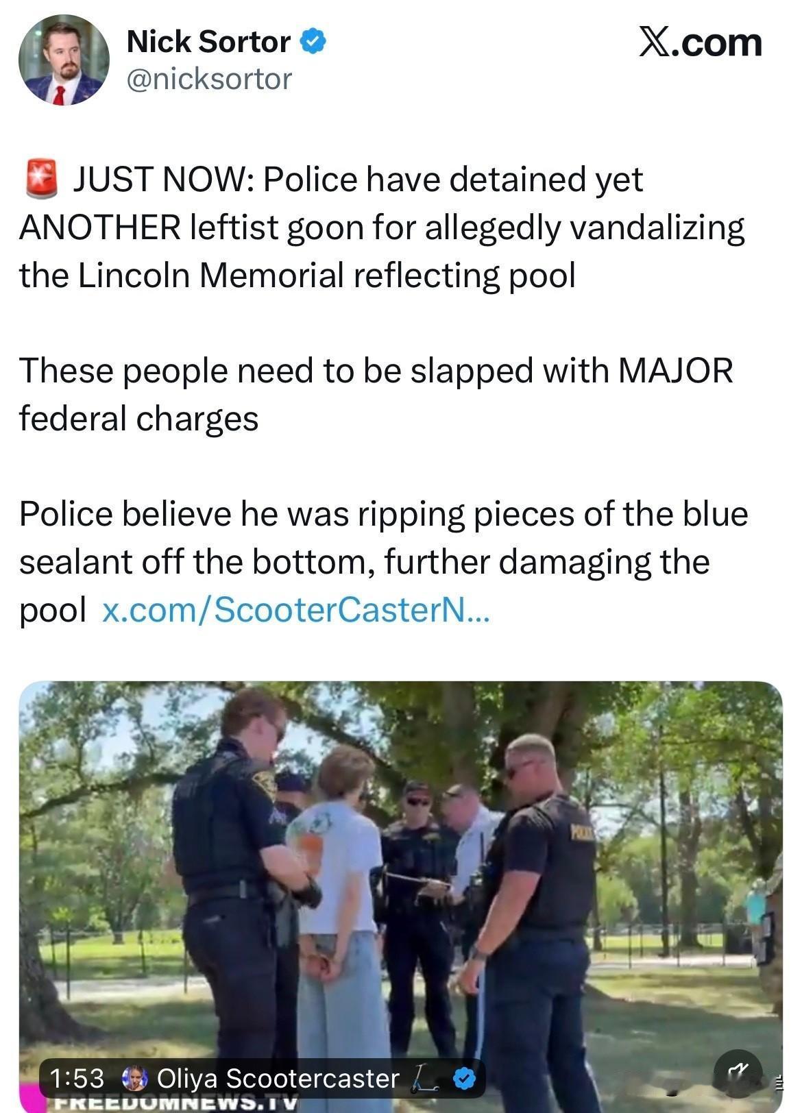 【突发快讯】就在刚刚：警方又抓获一名左翼激进闹事者，此人涉嫌蓄意破坏林肯纪念堂倒