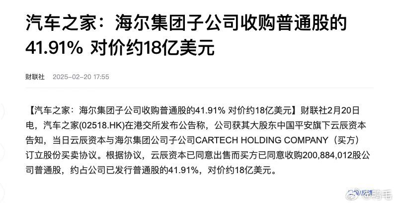 海尔18亿美元收汽车之家41.91%股份 今日，汽车之家（02518.HK）在港