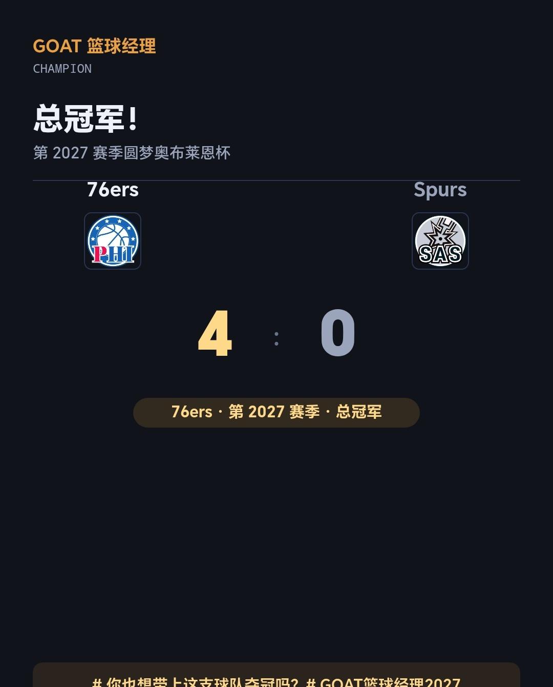 从建队到捧杯，76ers 的总冠军之路
第 2027 赛季，我执教的 76ers