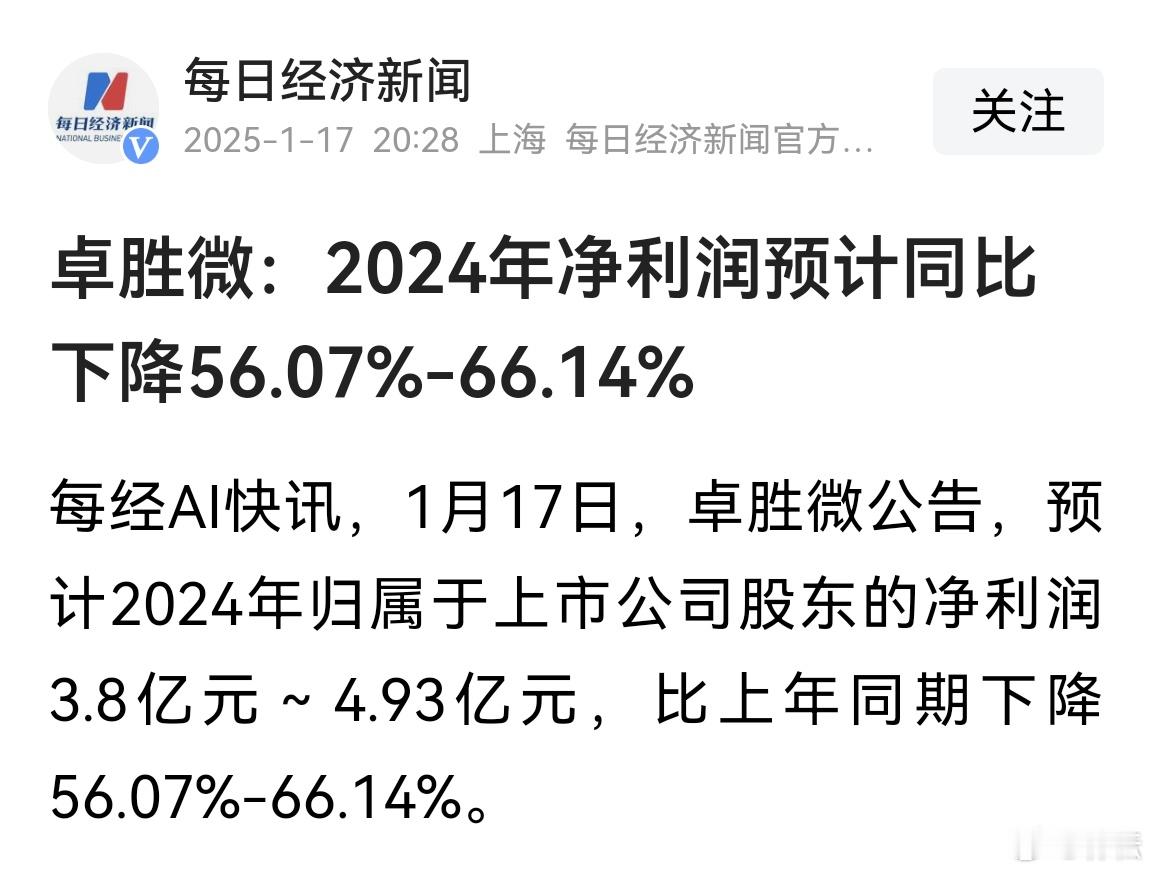 a股  初代半导体大牛股卓胜微，业绩大滑波，股价A+L。卓胜微：预计2024年度