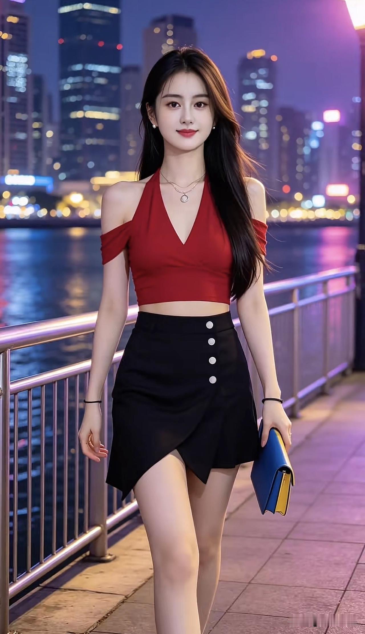 都市夜景下的时尚少女，红黑配色的迷人穿搭夜景时尚穿搭 红黑高级感穿搭 暗紫色穿搭