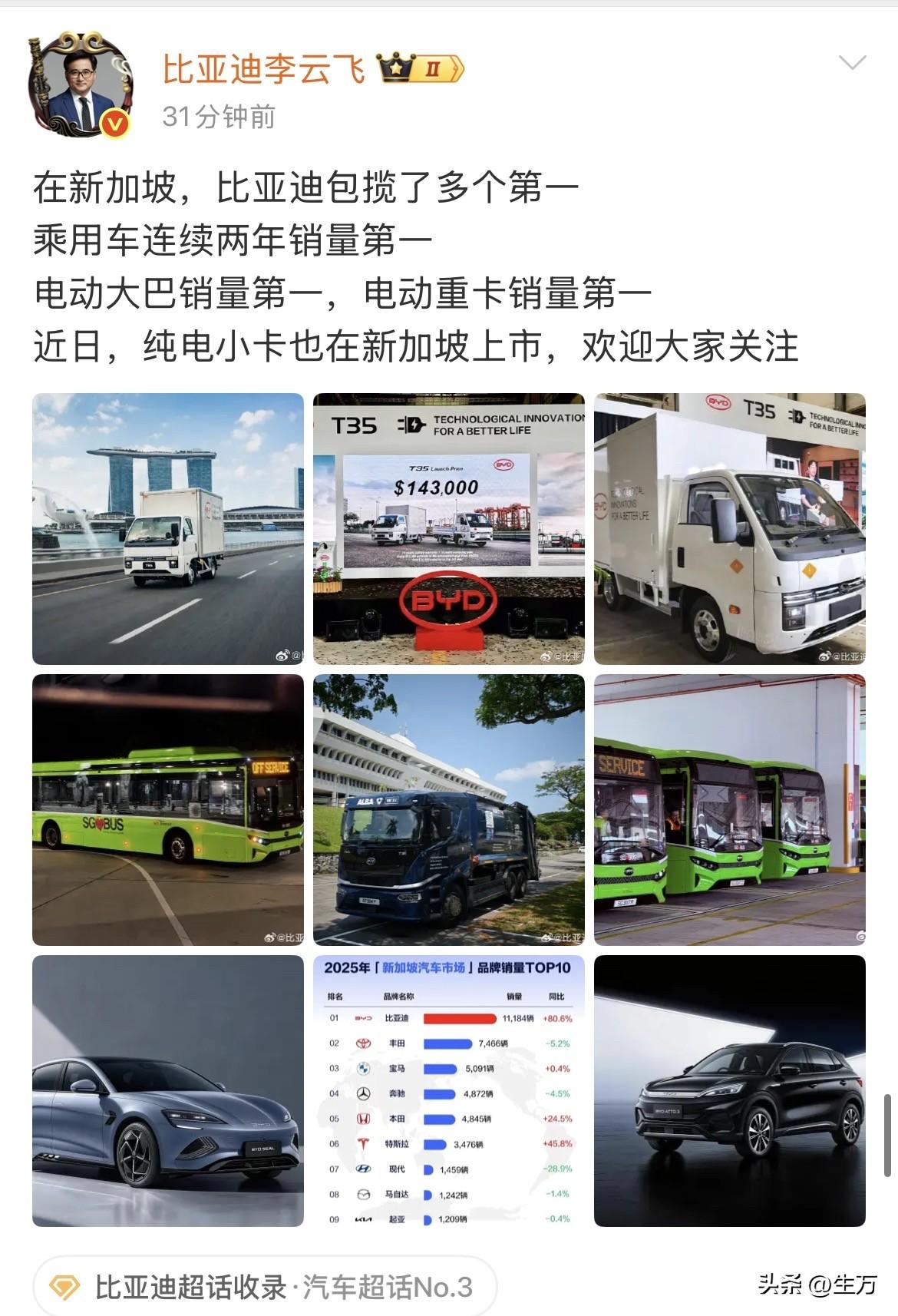 比亚迪李云飞:在新加坡，比亚迪包揽了多个第一！

就在刚才，比亚迪的李云飞在社交