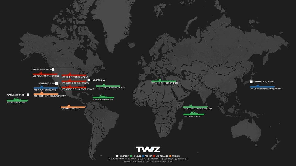美国海军11艘核动力航母最新动态一览
绿色标记，部署中
蓝色标记，训练或休整中
