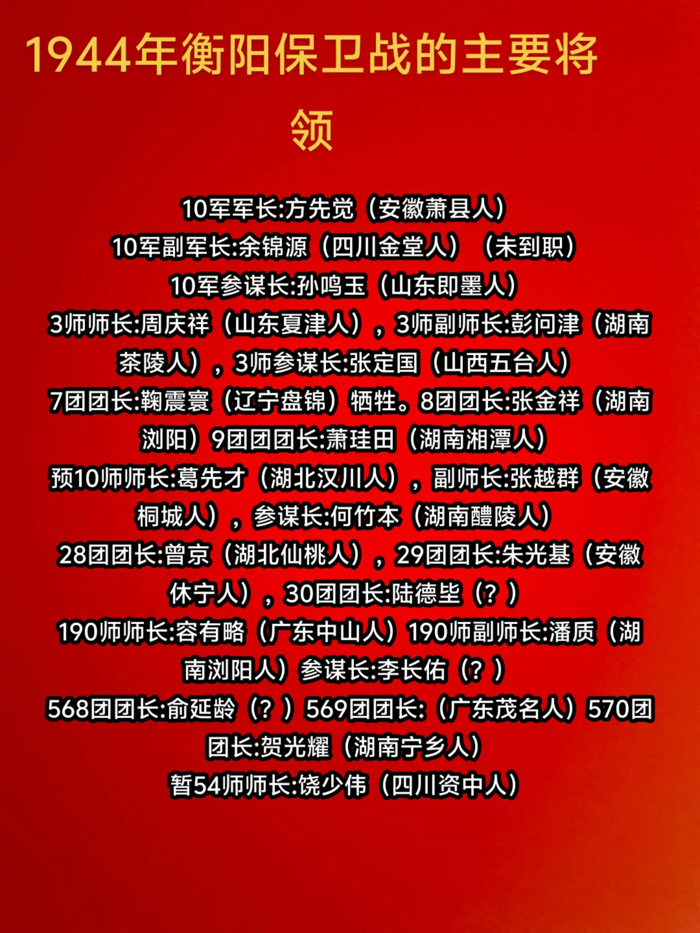 1944年衡阳保卫战的主要将领。致敬
