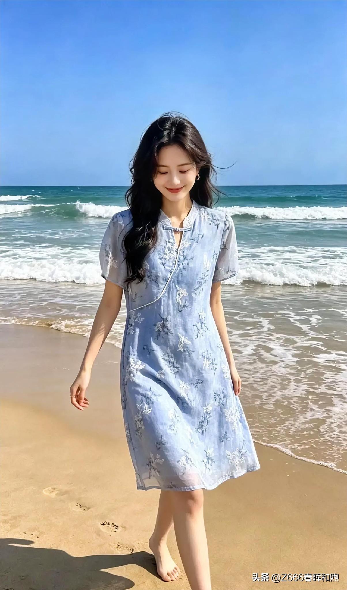 碧海蓝天间，她着淡蓝碎花裙，赤足踏浪，笑意温婉。海风轻拂发梢，裙角翩跹，如夏花绽