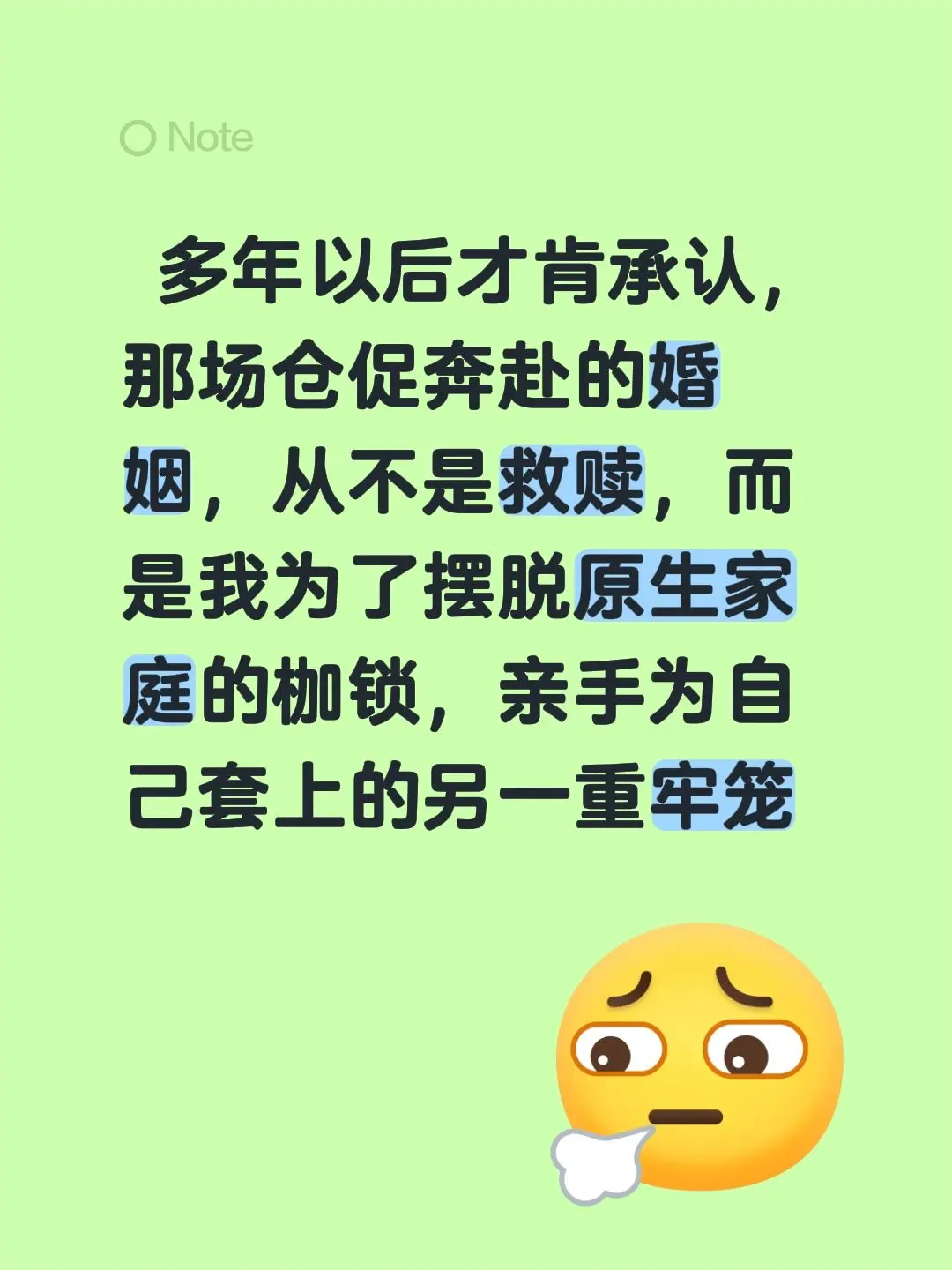 多年以后才肯承认，那场仓促奔赴的婚姻，从不是救赎，而是我为了摆脱原生家...