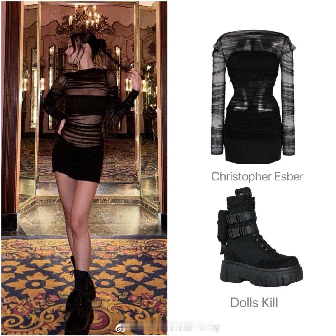 Jennie金智妮ins晒照，all black薄纱分层式迷你连衣裙搭配黑色短靴