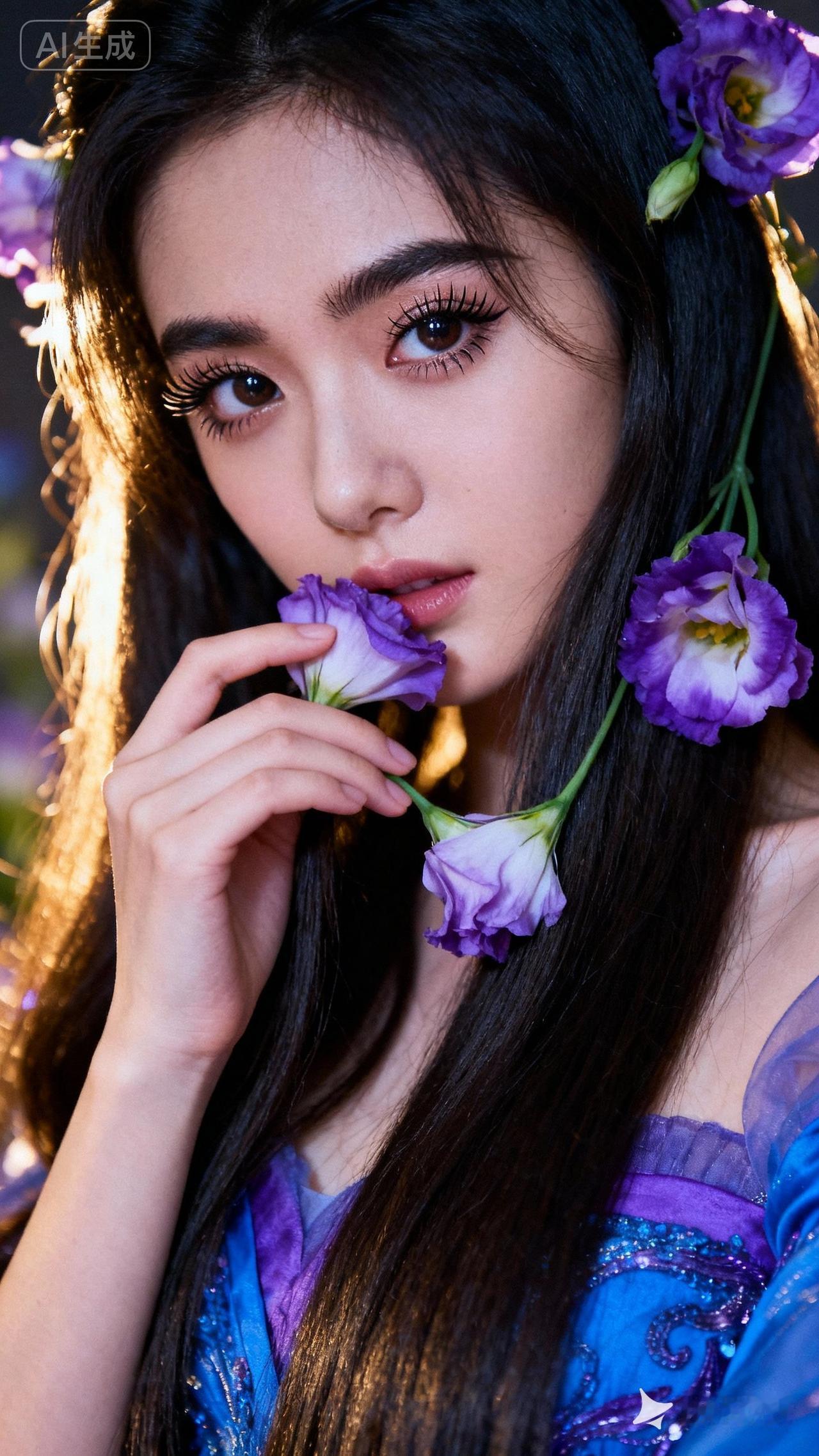 紫衣美人倚花笑，梦回古时情更浓。