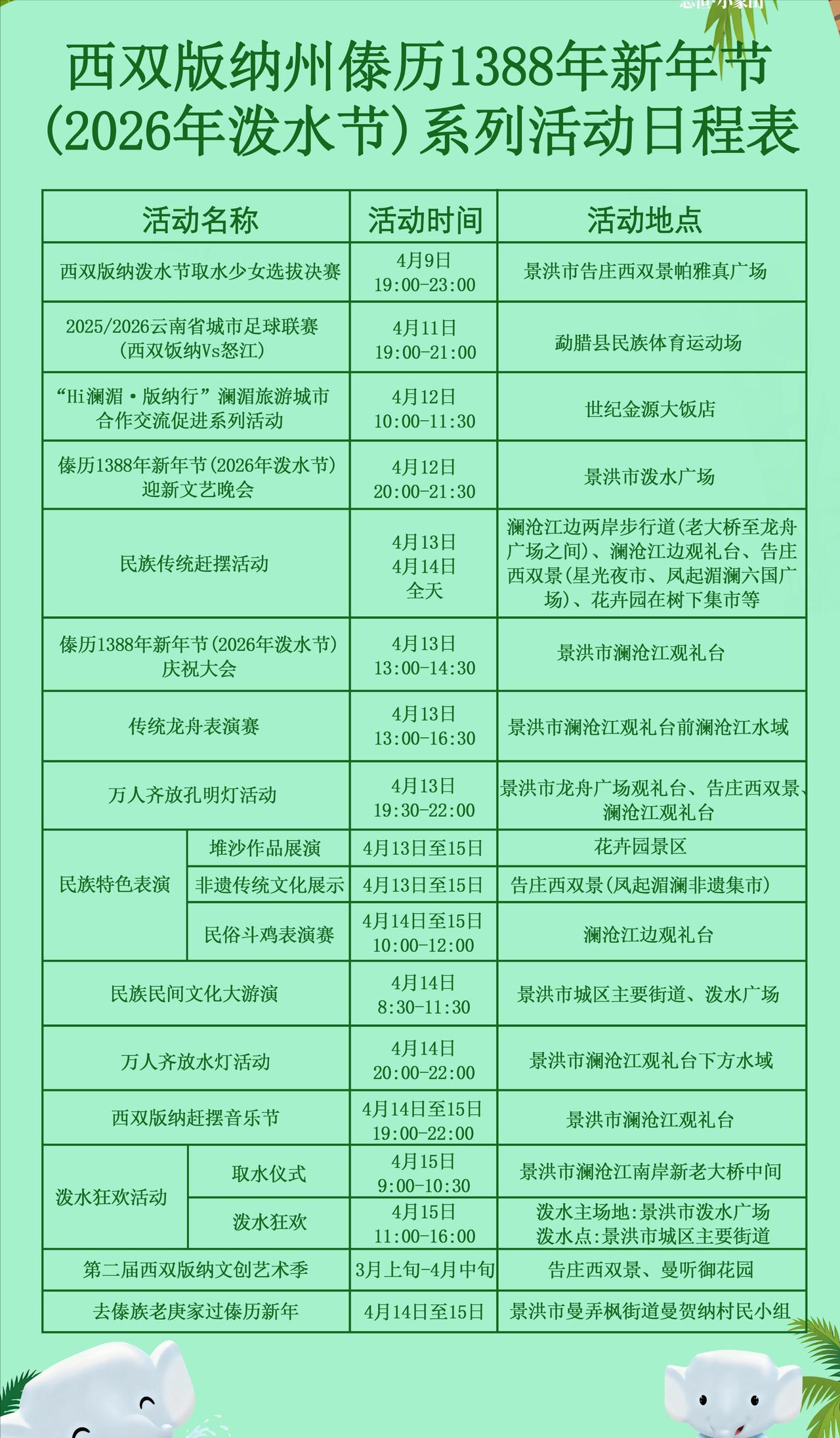西双版纳泼水节活动日程表出来啦！
来版纳过泼水节的你一定要注意看！很多精彩活动不