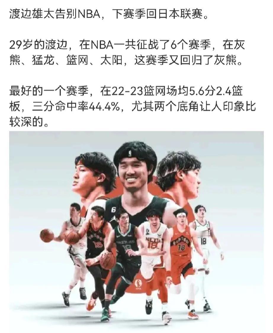 渡边雄太宣布
放弃下赛季260万美元的球员选项
新赛季将回到日本联赛
唉，渡边雄