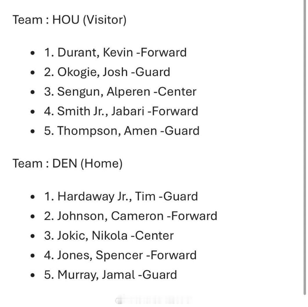火箭首发：阿门、奥科吉、杜兰特、小贾、申京掘金首发：穆雷、哈达威、卡梅隆-约翰逊