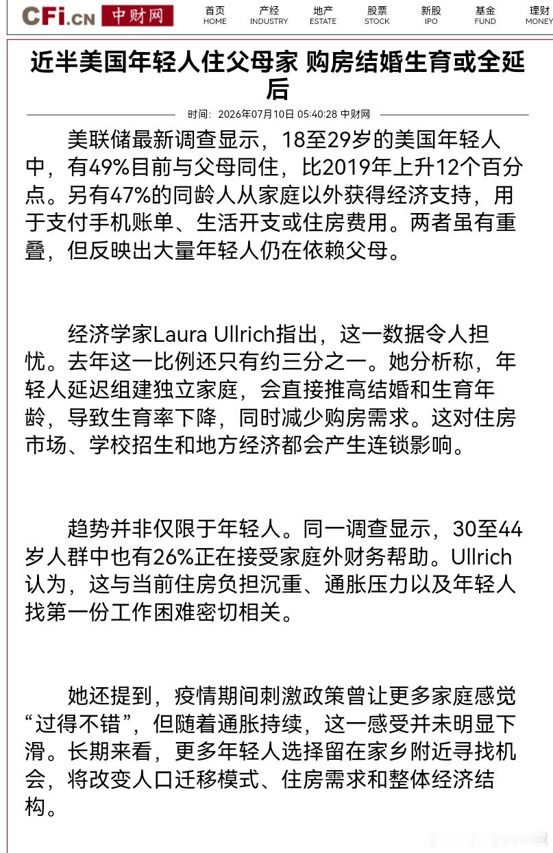 美联储最新调查显示，18至29岁的美国年轻人中，有49%目前与父母同住，比201
