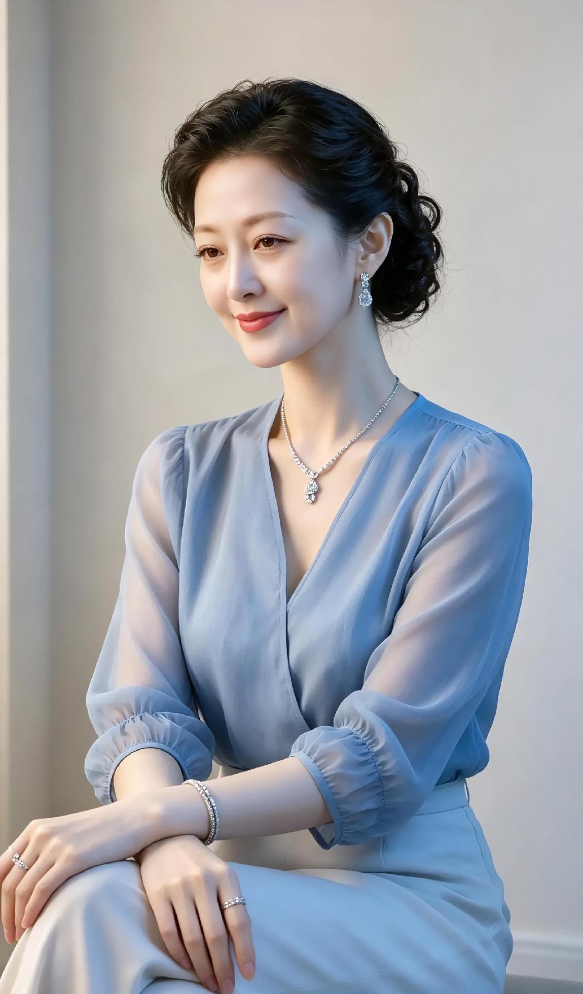 柔光轻落，

晕染一袭浅蓝的梦。

发髻低挽，

珠宝闪烁着温婉的光。

嘴角含