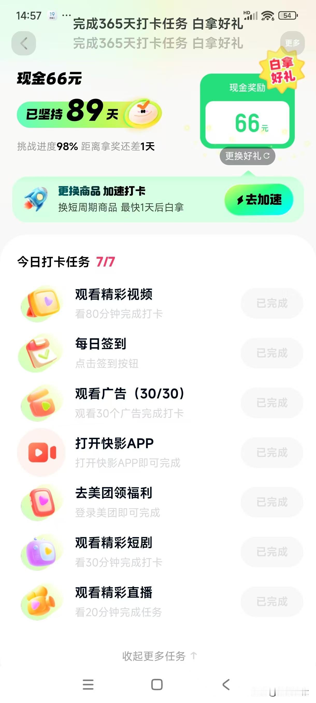 快手极速版的90天打卡任务我已完成到了第89天，胜利在望了[捂脸]
这个任务的艰