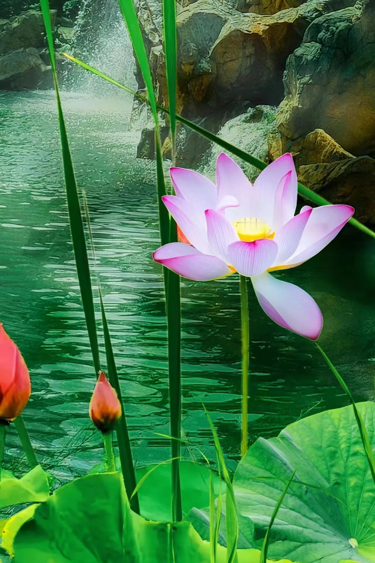 上联：荷花映日娇妍灿；
下联：您请——？

上联：荷花婉约湖水绿，
下联：您请—