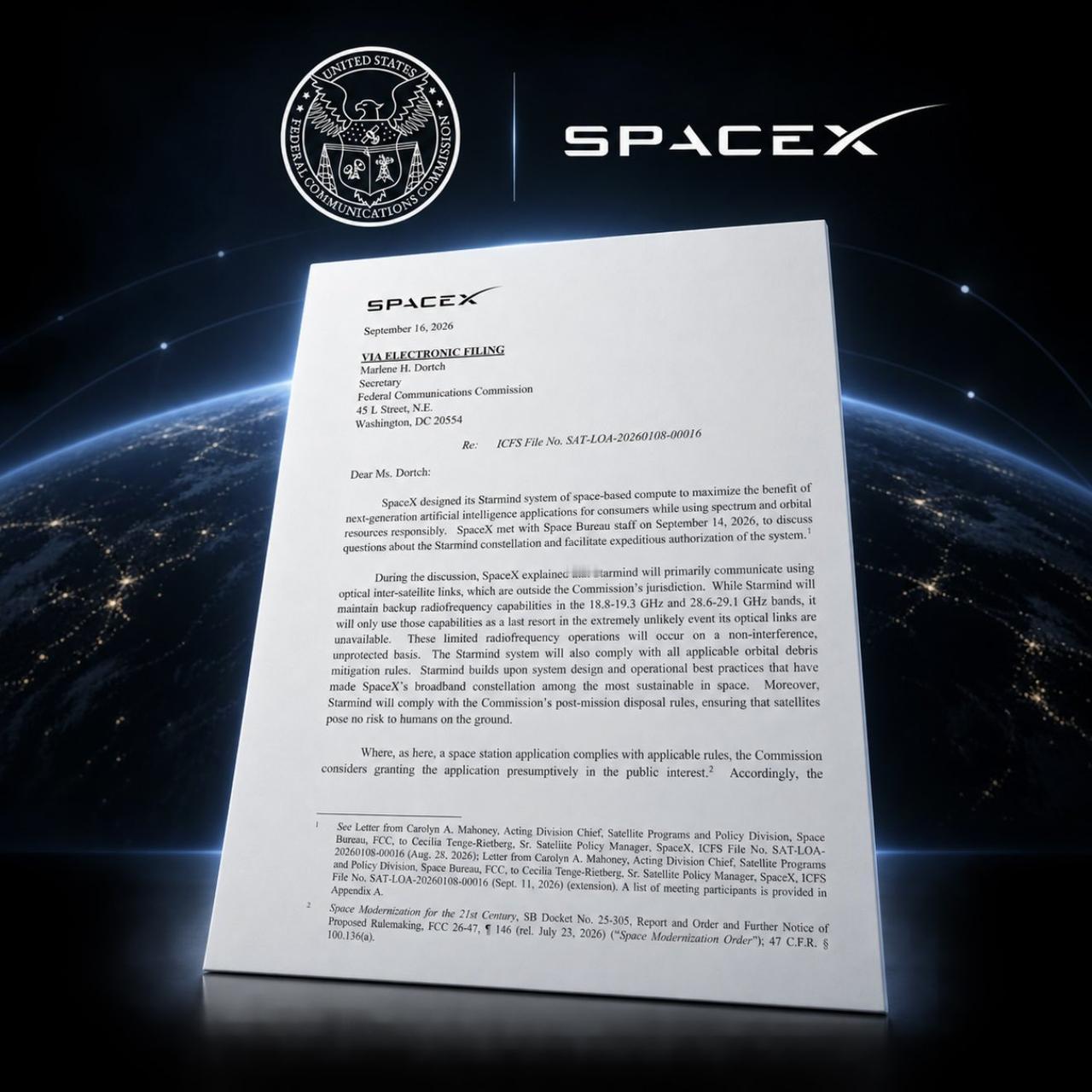 最新消息：Spacex的新FCC备案显
示，每个Starmind轨道AI数据中心
