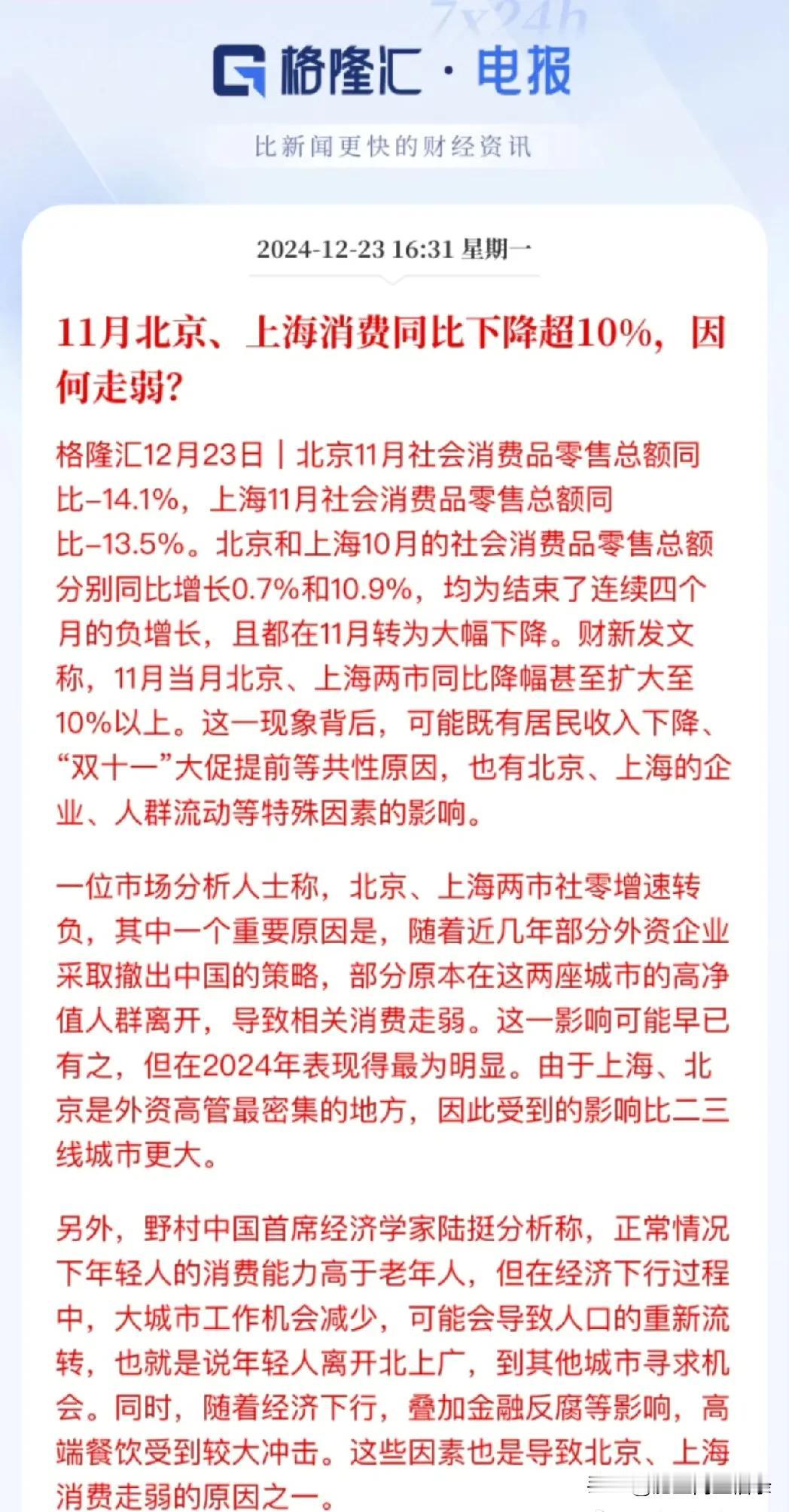 感觉这个解释比较靠谱，北京和上海11月份社消零售总额减少14.1%，13.5%，