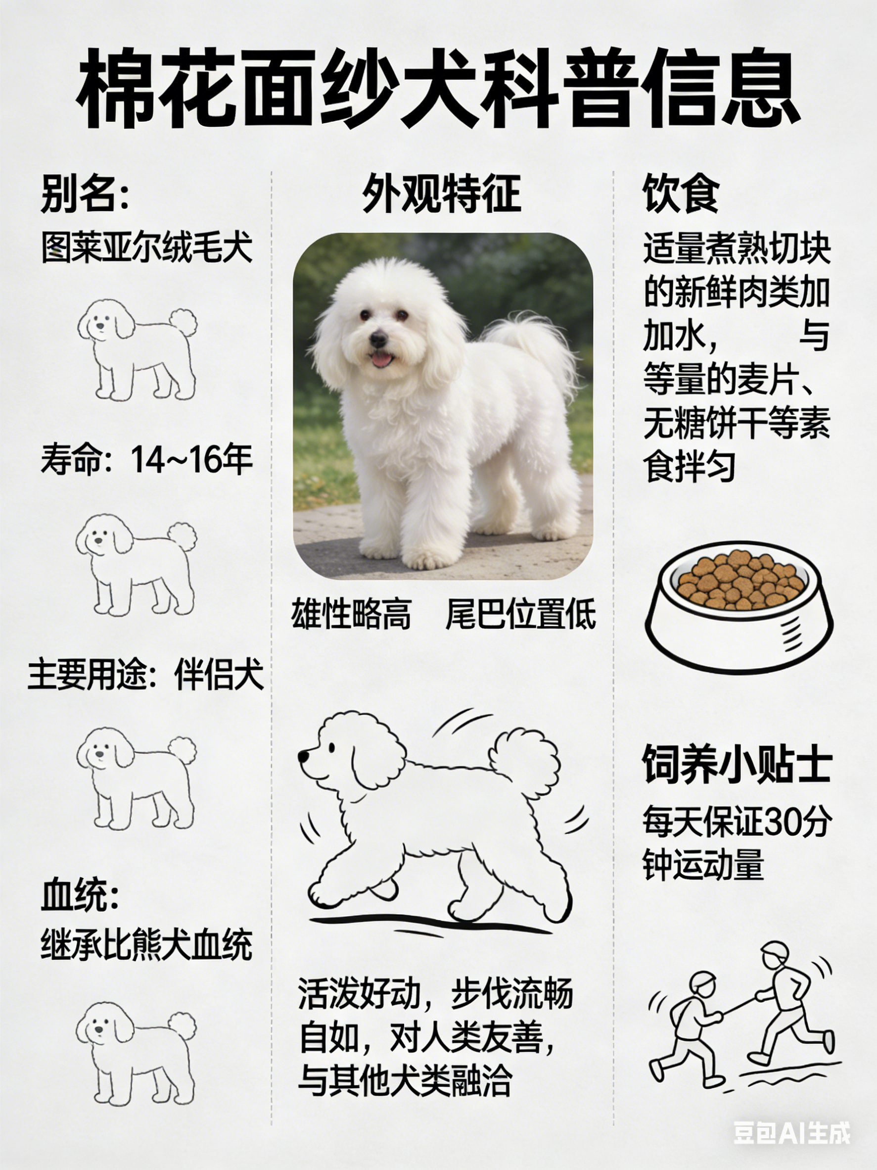 我AI的动物 棉花面纱犬别名：图莱亚尔绒毛犬寿命：14～16年主要用途：伴侣犬棉