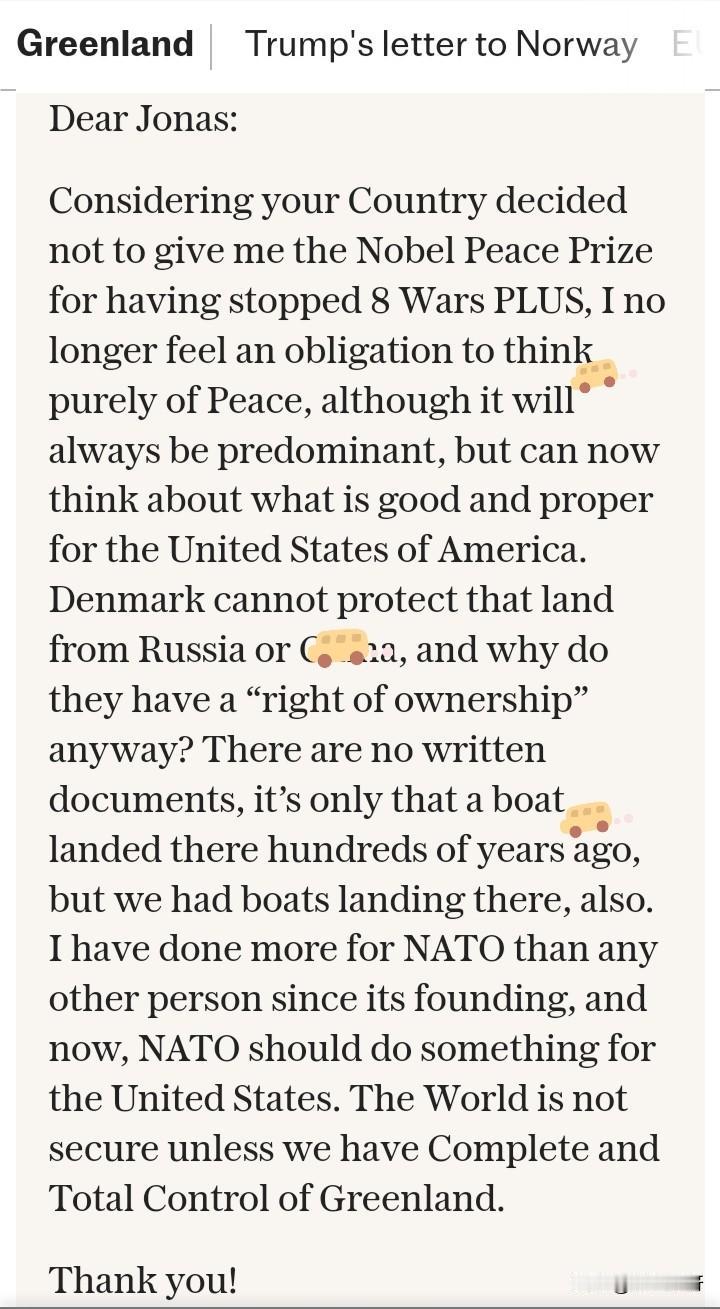 川普是心心念念放不下格陵兰，这又给挪威首相发了封信：
“亲爱的基纳斯：
鉴于你们