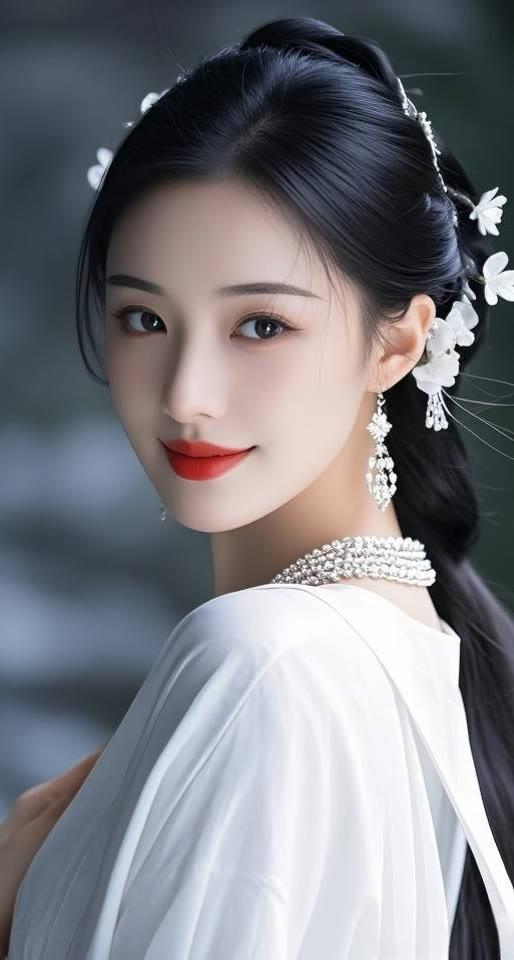 惊艳的古典美人，红唇白衣，宛如画中仙子。