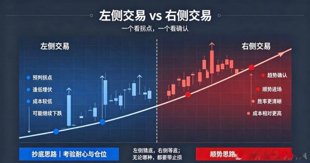 左侧交易：预判拐点，提前进场；右侧交易：等趋势确认，顺势进场。左侧交易• 思路：