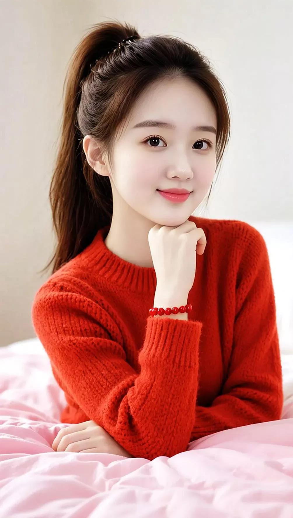 暖色系毛衣女孩，冬日暖阳下的微笑温柔毛衣少女 温柔毛衣照 暖红毛衣少女 少女系毛